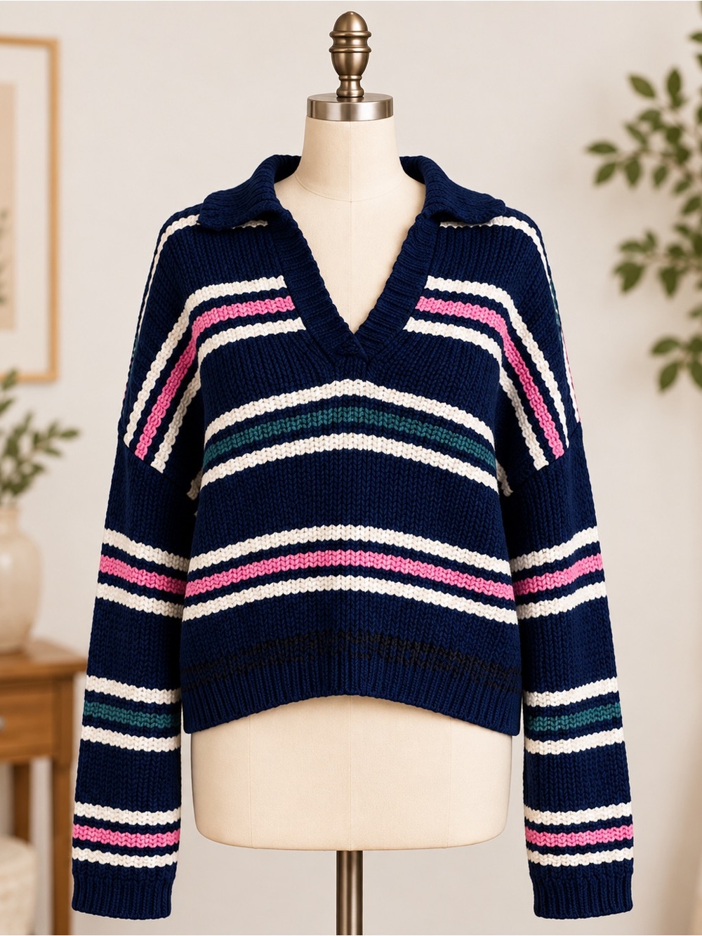 Free People Kennedy Stripe Pullover Navy Collared Sweater Small